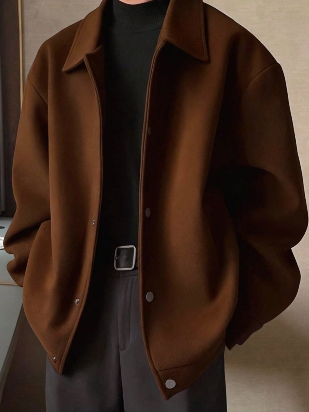 Brown Cozy Men's Loose Fit Button Down Jacket